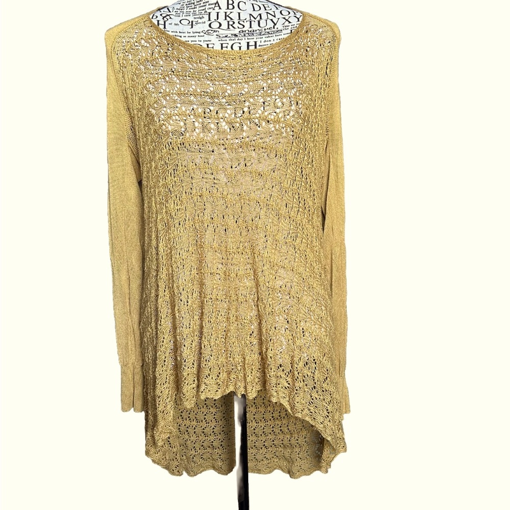 Grace & Lace Reversible Open Knit Crochet Cardigan Sweater Gold Mustard Yellow.